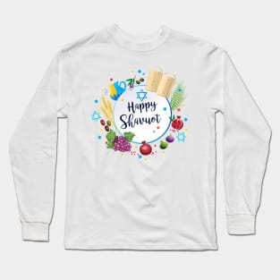 Happy Shavuot - Jewish Holiday greeting card, torah, traditional seven species Long Sleeve T-Shirt